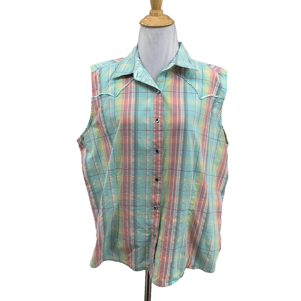 Twenty X Top Womens 2XL Multi Ultra Fit Plaid Sleeveless Rhinestones Snap Button